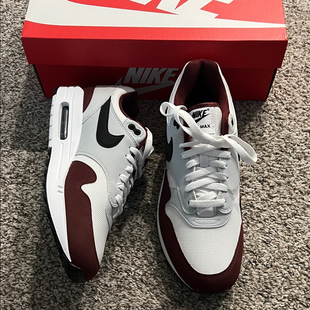 New in Box Nike Air Max 1 Sneakers - White, Burgundy Red and Black - Picture 3 of 9